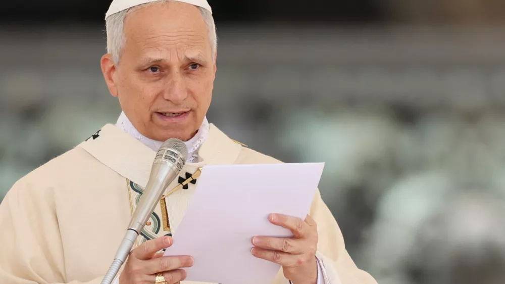 Pope Leo XIV speaks during his inaugural Mass in Saint Peter's Square at the Vatican, May 18, 2025. REUTERS/CLAUDIA GRECO