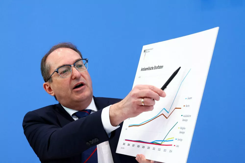 Alexander Dobrindt s tabelo, ki prikazuje porast politično motiviranega nasilja v Nemčiji. / Foto: Reuters