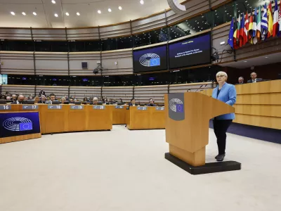Slovenia's President Natasa Pirc Musar addresses the audience during a plenary session at the European Parliament building in Brussels, Wednesday, May 21, 2025. (AP Photo/Geert Vanden Wijngaert)