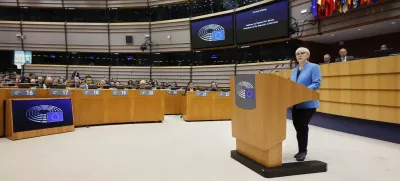 Slovenia's President Natasa Pirc Musar addresses the audience during a plenary session at the European Parliament building in Brussels, Wednesday, May 21, 2025. (AP Photo/Geert Vanden Wijngaert)