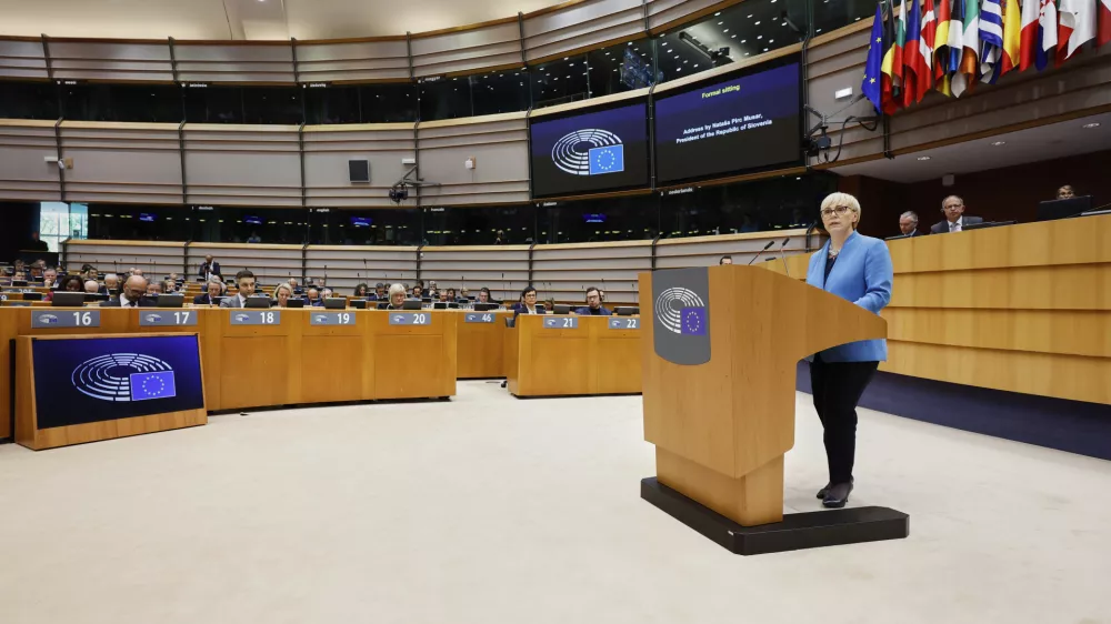 Slovenia's President Natasa Pirc Musar addresses the audience during a plenary session at the European Parliament building in Brussels, Wednesday, May 21, 2025. (AP Photo/Geert Vanden Wijngaert)