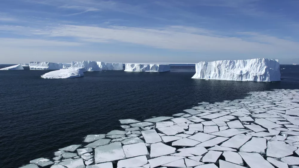 ﻿Ross Sea, Antarctica - Aerial View with Pack Ice and Icebergs, Eco Tourism