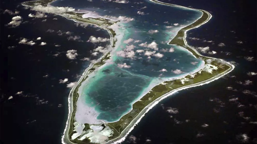 FILE - This image realeased by the U.S. Navy shows an aerial view of Diego Garcia. (U.S. Navy via AP, File)