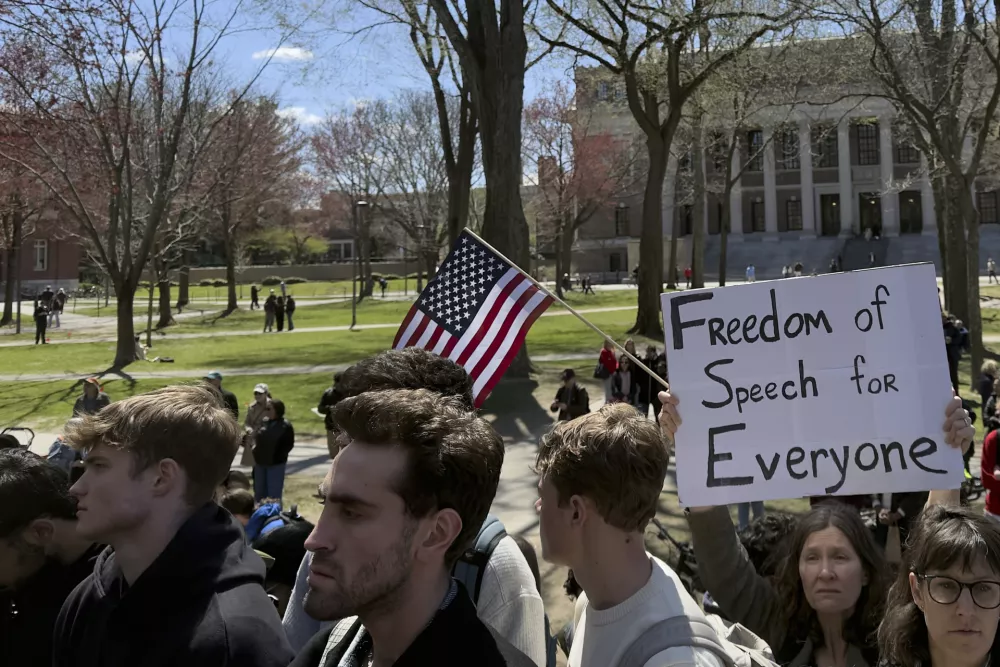Students, faculty and members of the Harvard University community rally, Thursday, April 17, 2025, in Cambridge, Mass. (AP Photo)