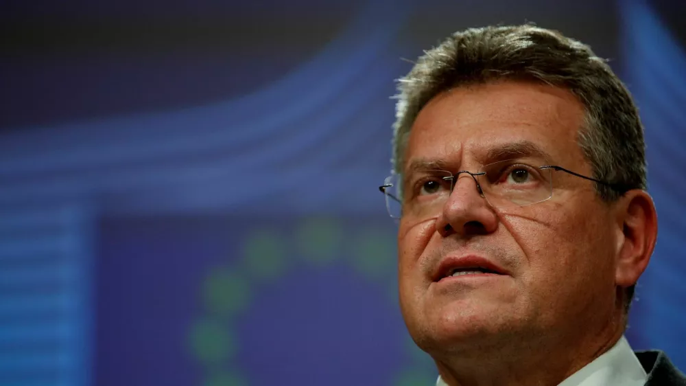 FILE PHOTO: European Commission Vice-President for Interinstitutional Relations Maros Sefcovic speaks during a news conference after a meeting with British Foreign Secretary Liz Truss, in Brussels, Belgium February 21, 2022. REUTERS/Johanna Geron/File Photo