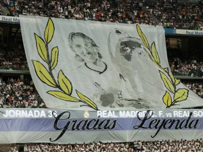 Soccer Football - LaLiga - Real Madrid v Real Sociedad - Santiago Bernabeu, Madrid, Spain - May 24, 2025 A banner is displayed by fans for Real Madrid's Luka Modric ahead of his last LaLiga match for Real Madrid REUTERS/Isabel Infantes
