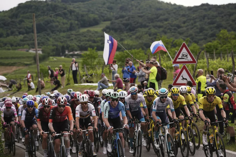 The pack rides during the 14th stage of the Giro d'Italia cycling race from Treviso to Nova Gorica/Gorizia, Italy, Saturday, May 24, 2025. (Marco Alpozzi/LaPresse via AP)