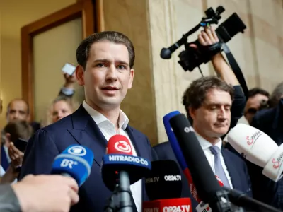 Former Austrian Chancellor Sebastian Kurz speaks to the media after the verdict during a press statement where the court heard Kurz's appeal against perjury conviction in Vienna, Austria, May 26, 2025. REUTERS/Lisa Leutner