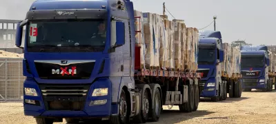 Trucks transport aid as Gaza Humanitarian Foundation said it has commenced operations to begin distribution of aid, in Rafah, in the southern Gaza Strip, May 26, 2025. Gaza Humanitarian Foundation/Handout via REUTERS  THIS IMAGE HAS BEEN SUPPLIED BY A THIRD PARTY. NO RESALES. NO ARCHIVES. MANDATORY CREDIT.