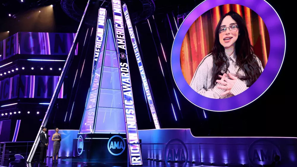 Billie Eilish gives acceptance speech for the Artist of the Year award virtually at the 2025 American Music Awards, in Las Vegas, Nevada, U.S., May 26, 2025. REUTERS/Mario Anzuoni