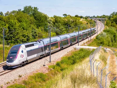 ﻿Ver-sur-Launette, France - July 29, 2020: A TGV Duplex inOui high speed train from french rail company SNCF is driving from Lille to Paris on the LGV Nord, the North European high speed railway line.
