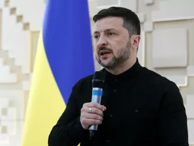 Ukrainian President Volodymyr Zelenskiy talks during a press conference at the Ukrainian embassy in Ankara, Turkey, May 15, 2025. REUTERS/Cagla Gurdogan