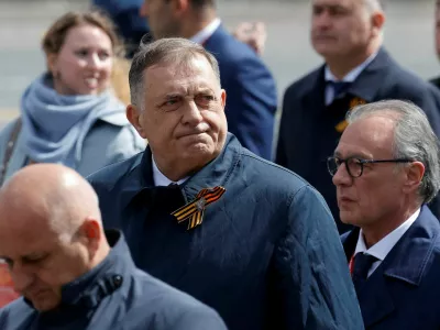 FILE PHOTO: Bosnian Serb leader Milorad Dodik leaves after a military parade on Victory Day, marking the 80th anniversary of the victory over Nazi Germany in World War Two, in Red Square in central Moscow, Russia, May 9, 2025. REUTERS/Maxim Shemetov/File Photo