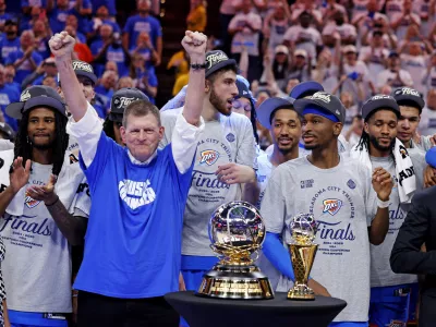 May 28, 2025; Oklahoma City, Oklahoma, USA; Oklahoma City Thunder chairman Clay Bennett celebrates after his team beat the Minnesota Timberwolves in game five to win the western conference finals for the 2025 NBA Playoffs at Paycom Center. Mandatory Credit: Alonzo Adams-Imagn Images