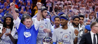 May 28, 2025; Oklahoma City, Oklahoma, USA; Oklahoma City Thunder chairman Clay Bennett celebrates after his team beat the Minnesota Timberwolves in game five to win the western conference finals for the 2025 NBA Playoffs at Paycom Center. Mandatory Credit: Alonzo Adams-Imagn Images