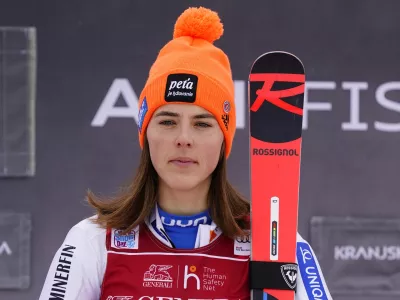Slovakia's Petra Vlhova stands on the podium after winning the alpine ski, World Cup women's slalom in Kranjska Gora, Slovenia, Sunday, Jan. 9, 2022. (AP Photo/Pier Marco Tacca)