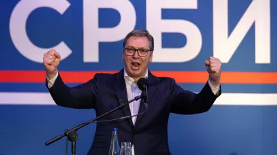 Serbia's President Aleksandar Vucic speaks during a rally to promote the newly formed "The Movement for the People and the State," and to express opposition to months of student protests, in Nis, Serbia, May 17, 2025. REUTERS/Marko Djurica