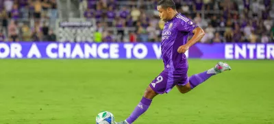 May 31, 2025; Orlando, Florida, USA; Orlando City forward Luis Muriel (9) takes a penalty kick during the second half against the Chicago Fire at Inter&Co Stadium. Mandatory Credit: Mike Watters-Imagn Images