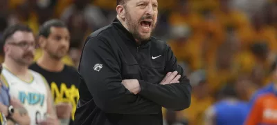New York Knicks head coach Tom Thibodeau yells from the sideline during the first half of Game 6 of the Eastern Conference finals of the NBA basketball playoffs against the Indiana Pacers in Indianapolis, Saturday, May 31, 2025. (AP Photo/Michael Conroy)