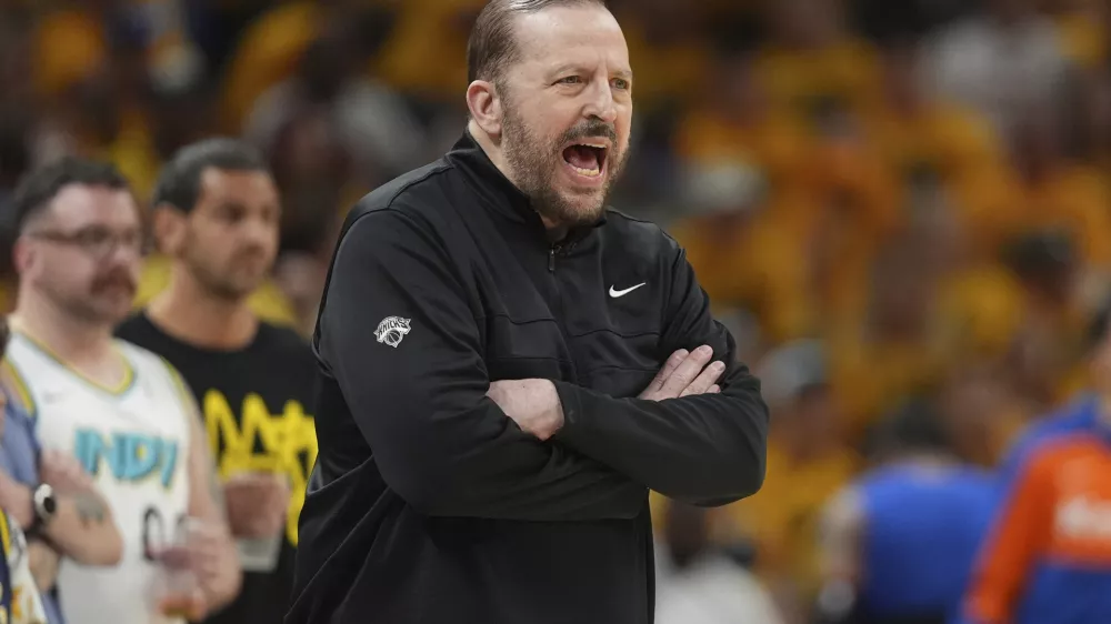 New York Knicks head coach Tom Thibodeau yells from the sideline during the first half of Game 6 of the Eastern Conference finals of the NBA basketball playoffs against the Indiana Pacers in Indianapolis, Saturday, May 31, 2025. (AP Photo/Michael Conroy)