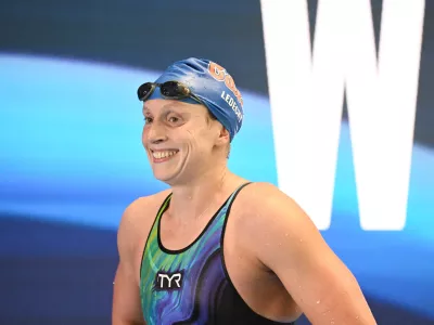 Jun 3, 2025; Indianapolis, Indiana, UNITED STATES; Katie Ledecky smiles after winning the women's 800 meter freestyle at the Toyota National Championships swimming meet at Indiana University Natatorium. Mandatory Credit: Robert Goddin-Imagn Images