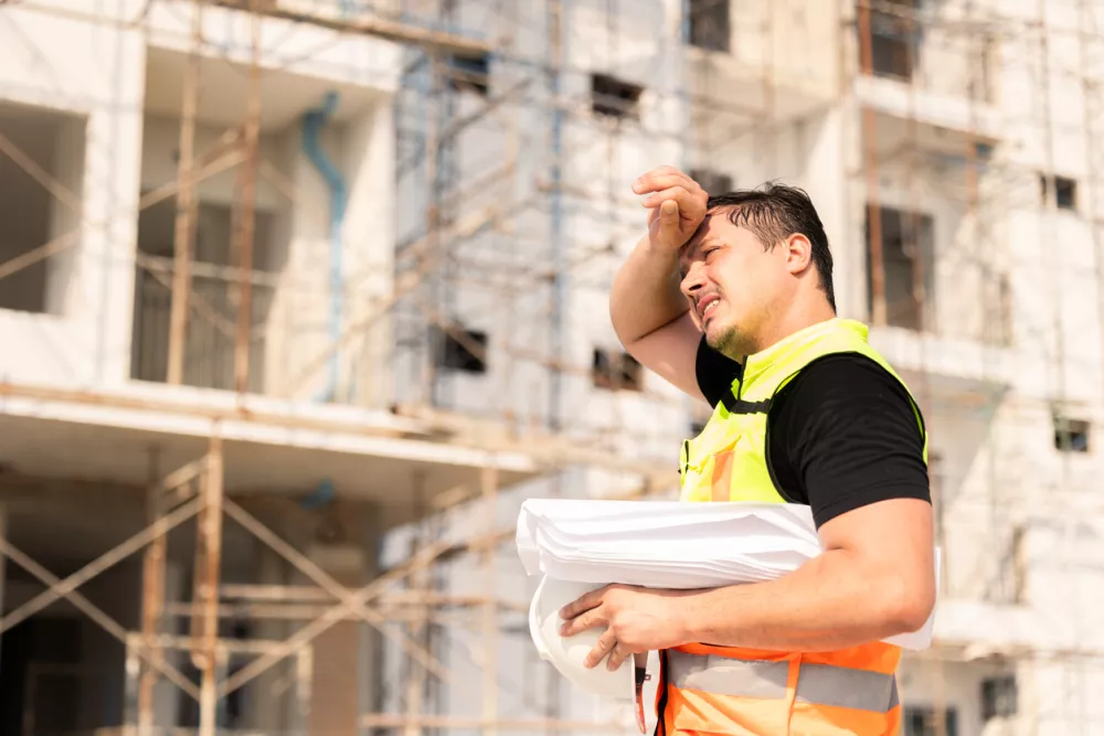 Construction worker taking a break and sweating under the sun, holding a hard hat, with construction scaffolding in the background.