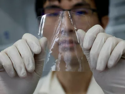 A researcher shows a sample of ocean-degradable plastic at the Center for Emergent Matter Science (CEMS) of Japanese research institution Riken in Wako, Saitama Prefecture, Japan May 27, 2025. REUTERS/Manami Yamada