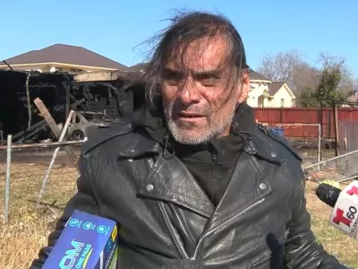 In this image taken from video, Jonathan Joss, an actor best known for his voice work on the animated television series "King of the Hill," talks to reporters following a fire at his San Antonio, Texas, home on Thursday, Jan. 23, 2025. (KSAT via AP)