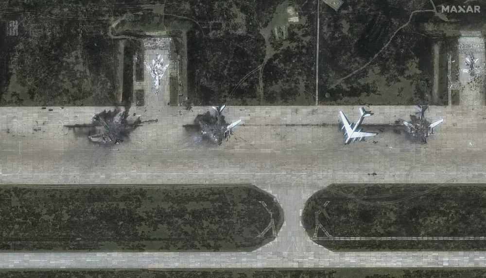 This satellite image provided by Maxar Technologies shows damage after a Ukrainian drone attack targeted the Belaya Air Base in the Irkutsk region of eastern Siberia in Russia captured on June 4, 2025. (Maxar Technologies via AP)