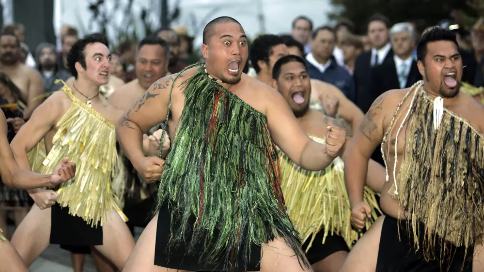 Maori warriors from New Zealand dance at Aquatic Park after paddling ashore at dawn in San Francisco, Thursday, Aug. 4, 2005. The Maori made the visit to kick off the opening of one of the largest collections of Maori art to be shown in the U.S. at San Francisco's Yerba Buena Center for the Arts and to encourage Americans to visit the Pacific island nation.(AP Photo/Eric Risberg)