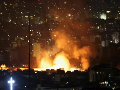 Smoke and flames rise, following an Israeli strike on Beirut's southern suburbs, after the Israeli military issued an evacuation warning for the area, as seen from Baabda, Lebanon, June 5, 2025. REUTERS/Mohamed Azakir