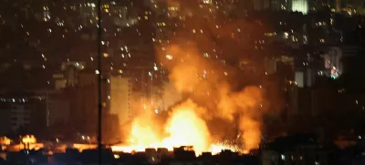 Smoke and flames rise, following an Israeli strike on Beirut's southern suburbs, after the Israeli military issued an evacuation warning for the area, as seen from Baabda, Lebanon, June 5, 2025. REUTERS/Mohamed Azakir