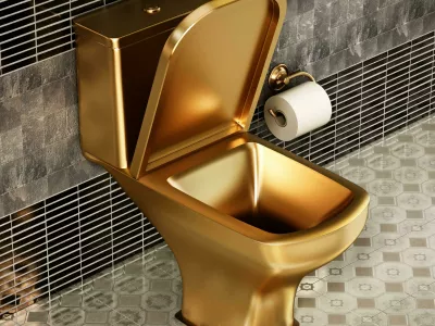 2D6YWG5 Golden toilet in luxury bathroom. 3D illustration.zlata školjka