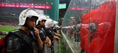 Soccer Football - World Cup - European Qualifiers - Group K - Albania v Serbia - Arena Kombetare, Tirana, Albania - June 7, 2025 Riot police are seen during the match REUTERS/Florion Goga