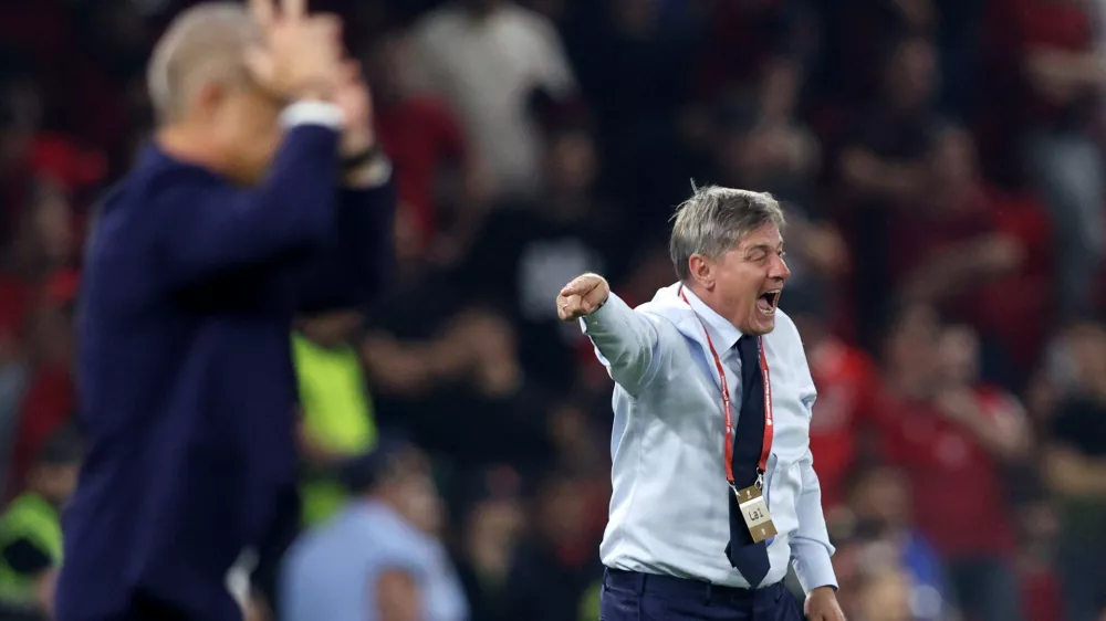 Soccer Football - World Cup - European Qualifiers - Group K - Albania v Serbia - Arena Kombetare, Tirana, Albania - June 7, 2025 Serbia coach Dragan Stojkovic reacts during the match REUTERS/Florion Goga