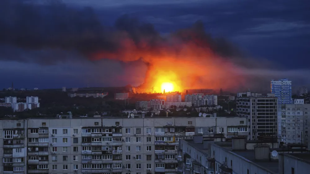Fire and smoke rise from the site where a Russian missile struck a residential area in Kharkiv, Ukraine, Saturday, June 7, 2025, (AP Photo/Anatolii Lysianskyi)