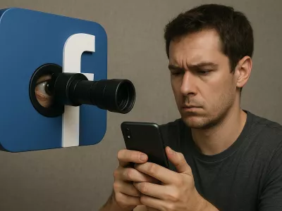 Facebook. vohunjenje. Simbolična fotografija, ustvarjena z umetno inteligenco.