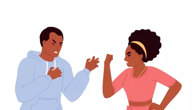 Family conflict vector illustration. Flat cartoon angry wife and husband quarrelling standing isolated on white background. Young married couple feeling aggressive emotions having relationship problem / Foto: Siberianart