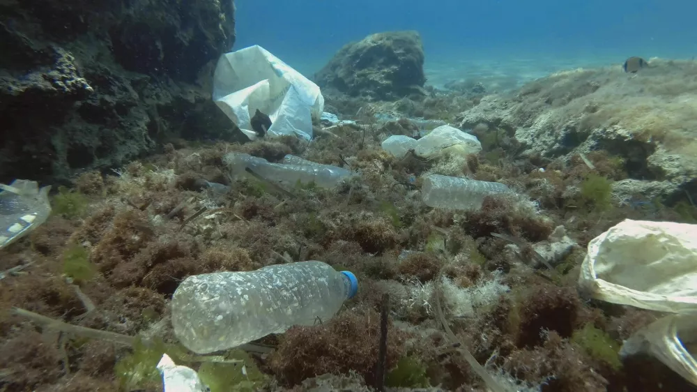 Massive plastic pollution of the ocean bottom. Seabed covered with a lot of plastic garbage. Bottles, bags and other plastic debris on seabed in Mediterranean Sea. Plastic pollution of the Ocean