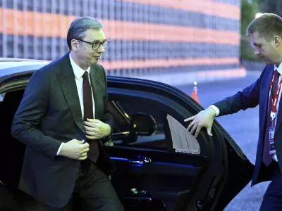 Serbia's President Aleksandar Vucic arrives at the Kremlin for a meeting with Russian President Vladimir Putin, in Moscow, Russia, Friday, May 9, 2025, during celebrations of the 80th anniversary of the Soviet Union's victory over Nazi Germany during the World War II. (Alexander Nemenov/Pool Photo via AP)