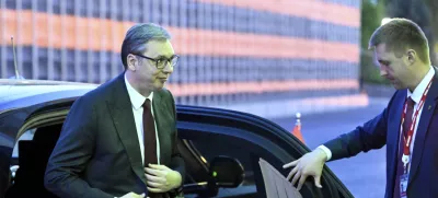 Serbia's President Aleksandar Vucic arrives at the Kremlin for a meeting with Russian President Vladimir Putin, in Moscow, Russia, Friday, May 9, 2025, during celebrations of the 80th anniversary of the Soviet Union's victory over Nazi Germany during the World War II. (Alexander Nemenov/Pool Photo via AP)