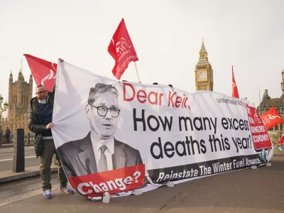PA via ReutersMembers of Unite take part in a protest on Westminster Bridge in London over the Government's decision to cut the winter fuel payment. Picture date: Wednesday January 29, 2025.No Use UK. No Use Ireland. No Use Belgium. No Use France. No Use Germany. No Use Japan. No Use China. No Use Norway. No Use Sweden. No Use Denmark. No Use Holland. No Use Australia.