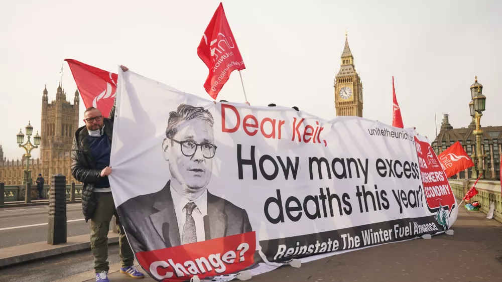 PA via ReutersMembers of Unite take part in a protest on Westminster Bridge in London over the Government's decision to cut the winter fuel payment. Picture date: Wednesday January 29, 2025.No Use UK. No Use Ireland. No Use Belgium. No Use France. No Use Germany. No Use Japan. No Use China. No Use Norway. No Use Sweden. No Use Denmark. No Use Holland. No Use Australia.