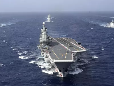 FILE - In this photo released by Xinhua News Agency, conventionally powered Chinese aircraft carrier Liaoning carries out a dual aircraft carrier formation exercise with the Shandong aircraft carrier, unseen, for the first time in the South China Sea in late October 2024. (Pu Haiyang/Xinhua via AP,File)
