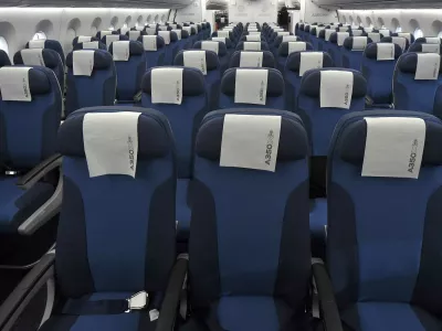 ﻿Rows of seats, installed on board of an Airbus A350 XWB flight-test aircraft, are pictured during a media-day at the German headquarters of aircraft company Airbus in Hamburg-Finkenwerder, April 7, 2014. European planemaker Airbus unveiled on Monday the first cabin for its new mid-sized twin-engined airliner, the A350 XWB, vowing to avoid a repeat of the delays caused by cabin design changes on its bigger A380 super jumbo. REUTERS/Fabian Bimmer (GERMANY - Tags: TRANSPORT TRAVEL)