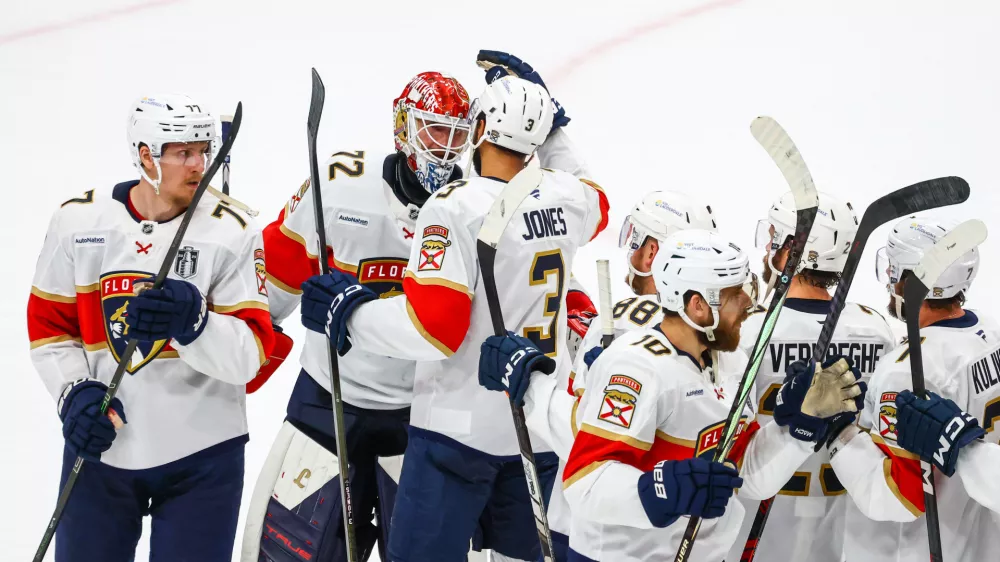 Jun 14, 2025; Edmonton, Alberta, CAN; Florida Panthers goaltender Sergei Bobrovsky (72) celebrate win with teammates against the Edmonton Oilers in game five of the 2025 Stanley Cup Final at Rogers Place. Mandatory Credit: Sergei Belski-Imagn Images