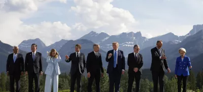From left, European Council President Antonio Costa, Japan's Prime Minister Shigeru Ishiba, Italy's Prime Minister Giorgia Meloni, France's President Emmanuel Macron, Canada's Prime Minister Mark Carney, President Donald Trump, Britain's Prime Minister Keir Starmer, Germany's Chancellor Friedrich Merz, and European Commission President Ursula von der Leyen depart after a group photo at the G7 Summit, Monday, June 16, 2025, in Kananaskis, Canada. (AP Photo/Mark Schiefelbein)