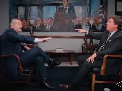 Conservative podcast host and commentator Tucker Carlson engages in an exchange with U.S. Senator Ted Cruz of Texas on the subject of the United States' involvement in the conflict between Israel and Iran, in a still image from video released June 17, 2025. Tucker Carlson Network/Handout via REUTERS    NO RESALES. NO ARCHIVES. THIS IMAGE HAS BEEN SUPPLIED BY A THIRD PARTY MANDATORY CREDIT