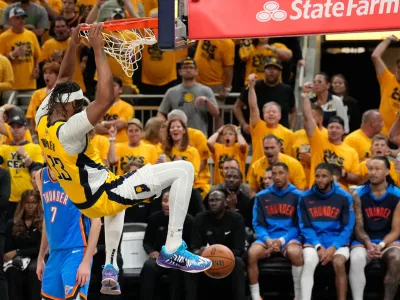 Jun 19, 2025; Indianapolis, Indiana, USA; Indiana Pacers center Myles Turner (33) dunks the ball against the Oklahoma City Thunder in the third quarter during game six of the 2025 NBA Finals at Gainbridge Fieldhouse. Mandatory Credit: Kyle Terada-Imagn Images