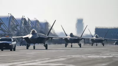 FILE PHOTO: U.S. Air Force F-22 fighter jets take part in a joint drill with South Korea's Air Force at Kunsan air base, in Gunsan, South Korea, December 20, 2022. The Defence Ministry/Handout via REUTERS/File Photo